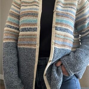 LL Bean Cotton Knit Beige Blue Striped Coastal Cardigan Sweater M